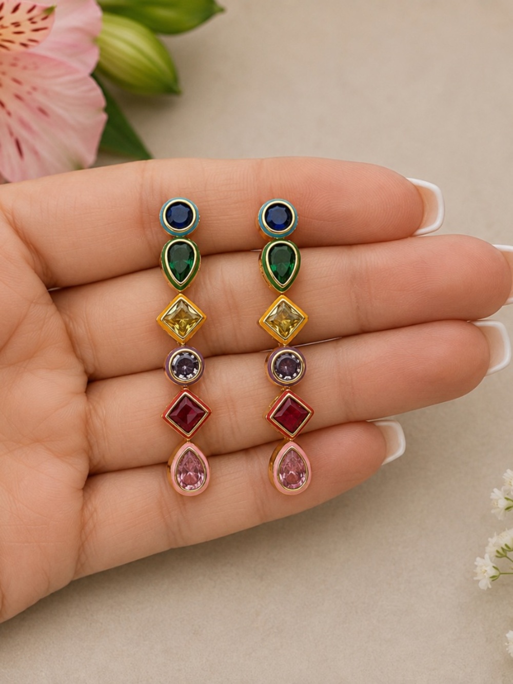New Handcrafted Rainbow Gemstone Drop Earrings – 18K Yellow Gold Plated